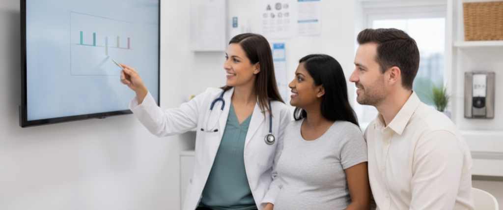 A smiling doctor points to a bar chart on a monitor while discussing antenatal care with a pregnant woman and her partner